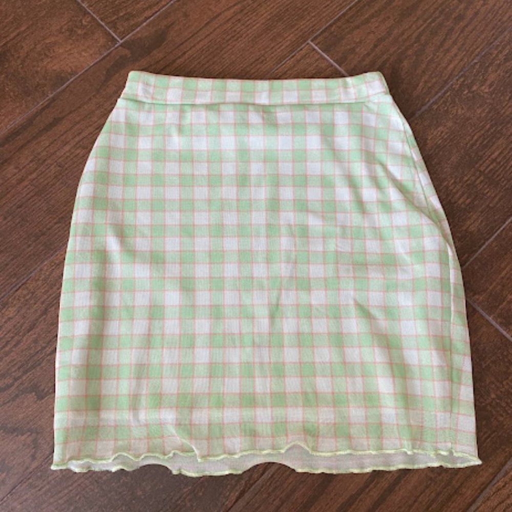 Green/White/Pink Gingham Mini Skirt with Lettuced Trim